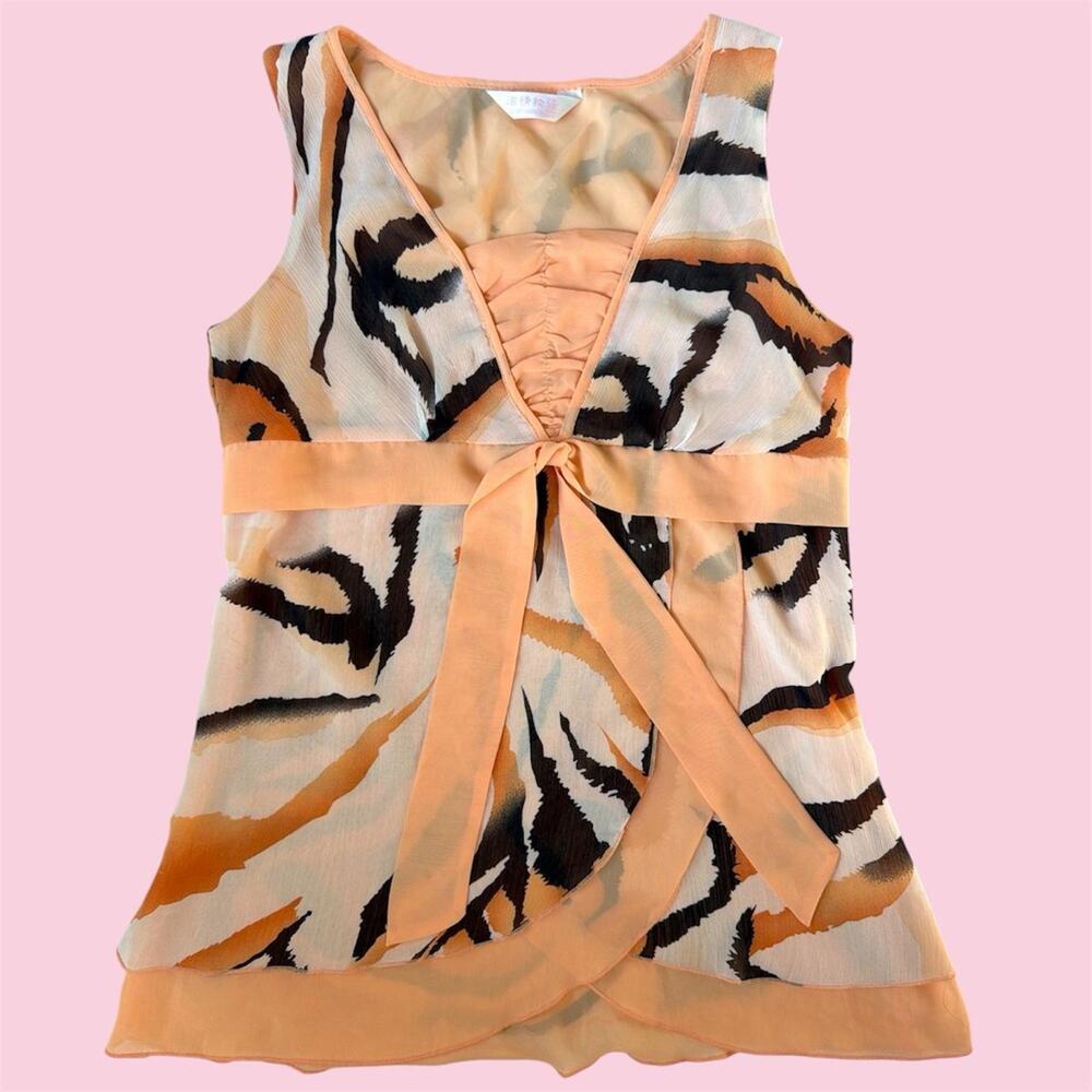 Orange and black silk abstract swirl print babydoll blouse with tie front detail